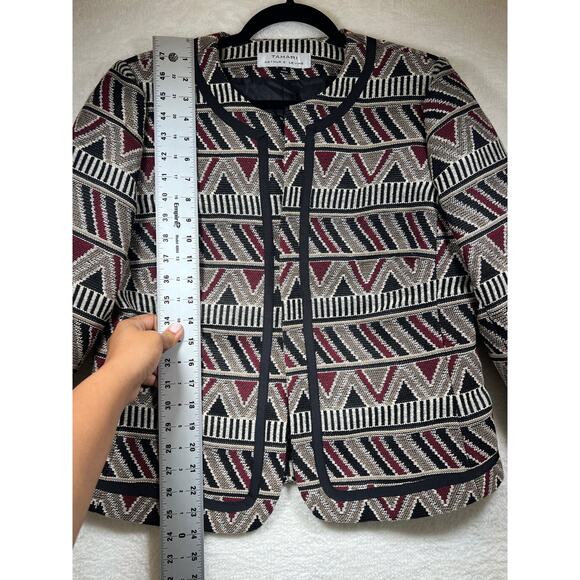Tahari ASL Geometric Tribal Printed Black Red Tan Open Blazer Jacket Womens 10 - Picture 11 of 16